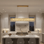 Bacci gold crystal linear dining chandelier over a long table