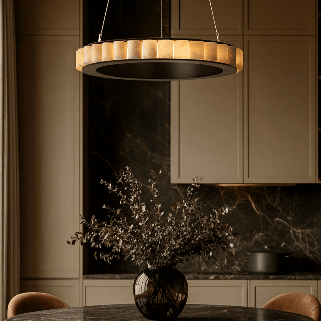 Hampton marble chandelier over a dining table Main image