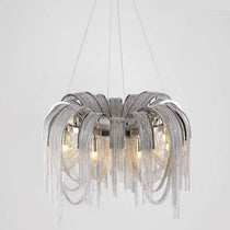 Detail of the Cadena chandelier's fine aluminum chain tassels and steel ring, from Morsale.com.