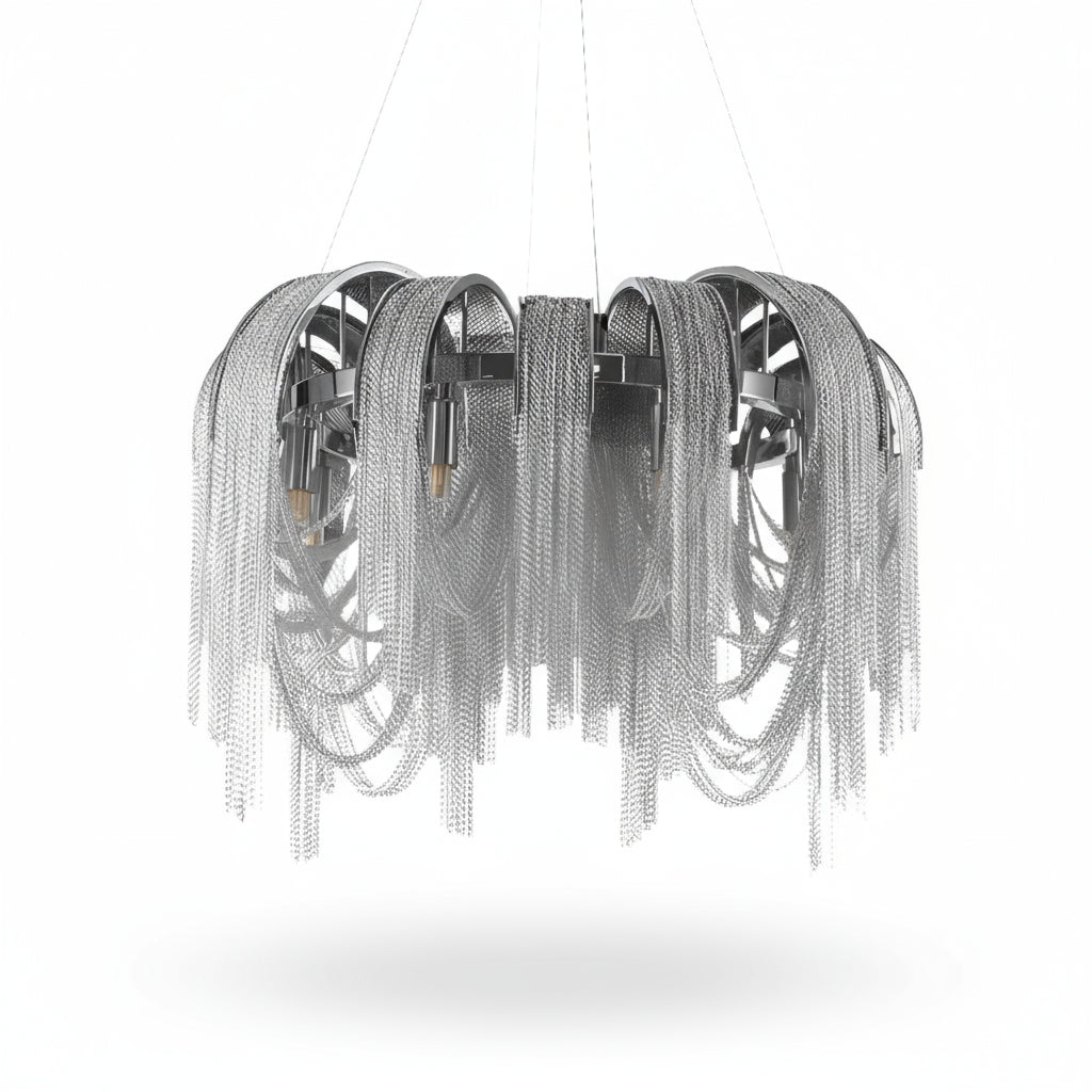 Full view of the Cadena 31-inch chain tassel ring chandelier by Morsale.com, modern stainless steel and aluminum.