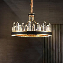 Side view of the Villa crystal modern chandelier by Morsale.com showing the circular wheel and layered crystal.