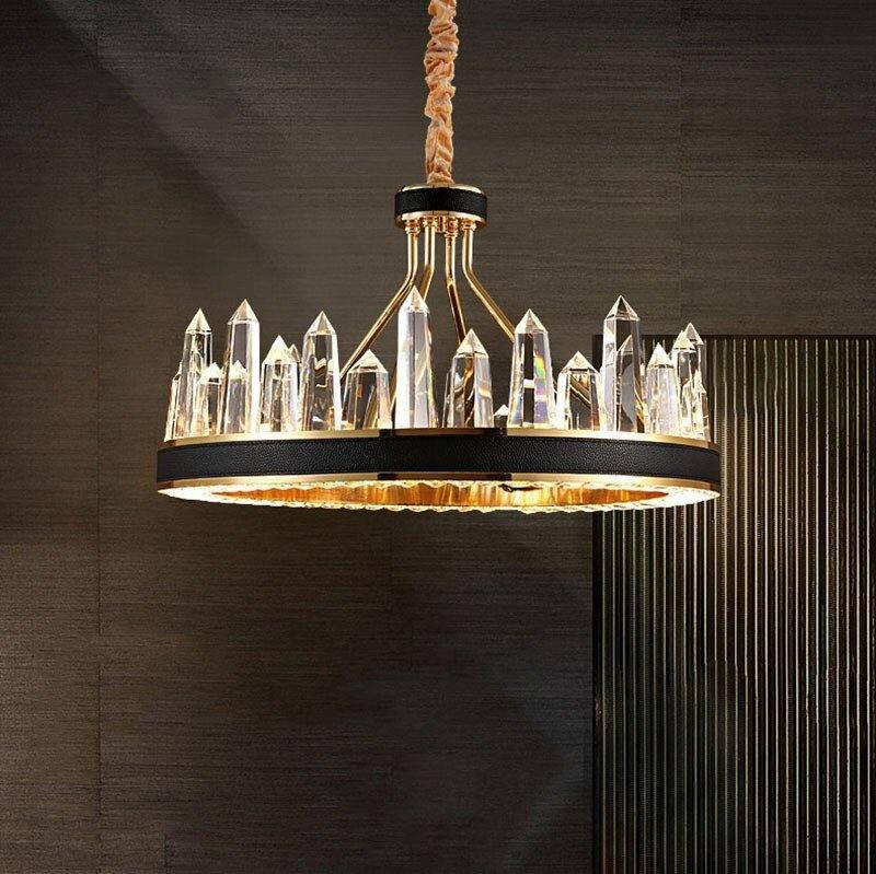 Side view of the Villa crystal modern chandelier by Morsale.com showing the circular wheel and layered crystal.
