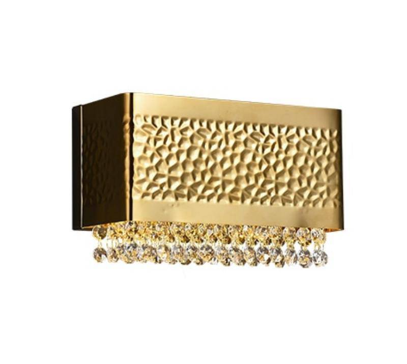 Full view of the Bern gold plated wall sconce by Morsale.com, clear K9 crystal on a gold stainless steel frame.
