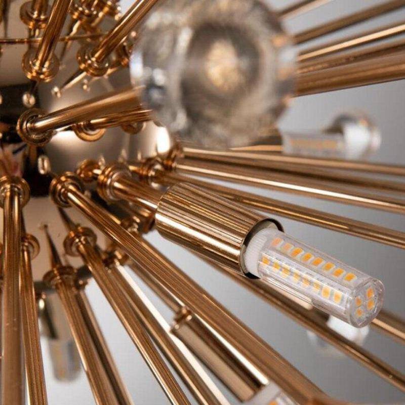 Detail of genuine K9 crystal accents on the Weston Sputnik chandelier's rose gold arm, from Morsale.com.