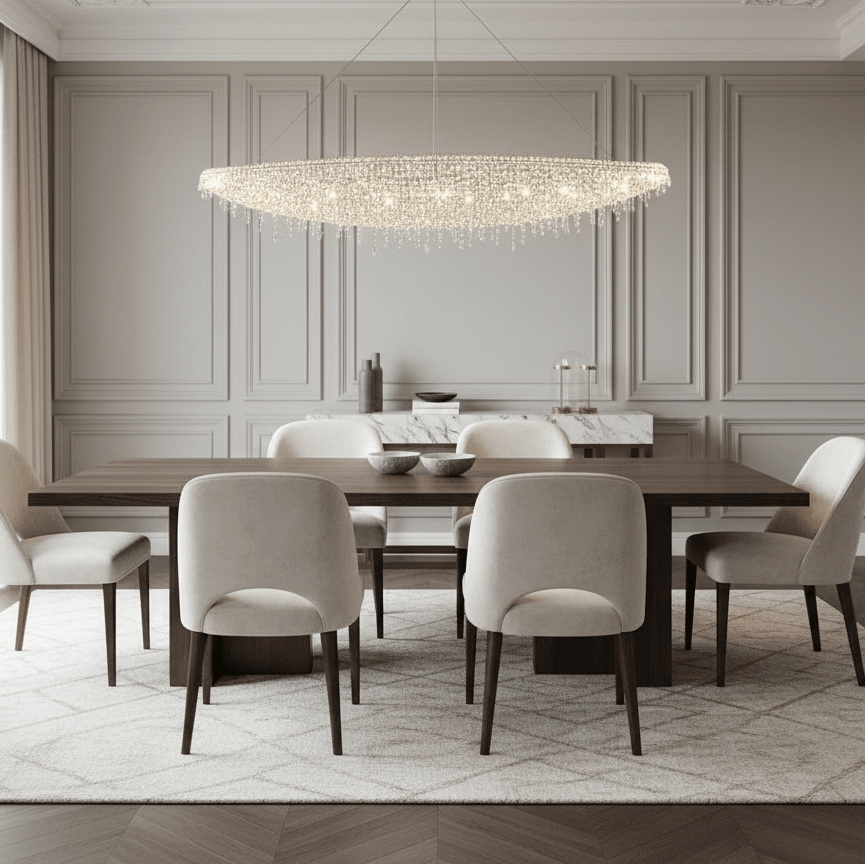 Alleri K9 crystal chandelier over a dining table Main image