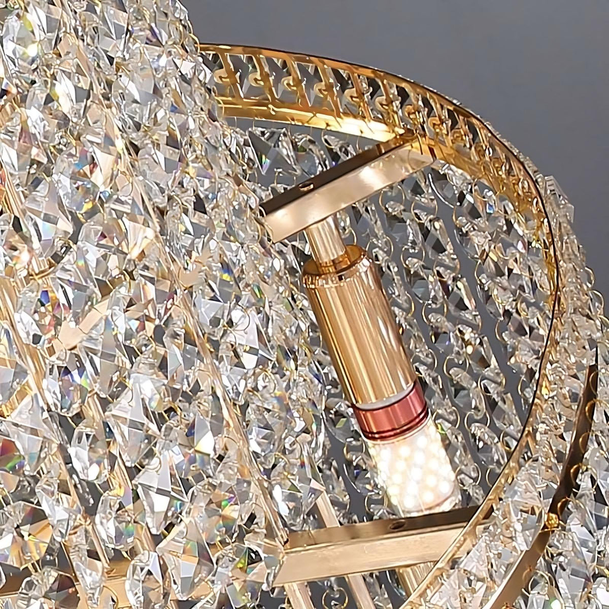 Detail of hand-set clear crystal on the Alleri staircase chandelier