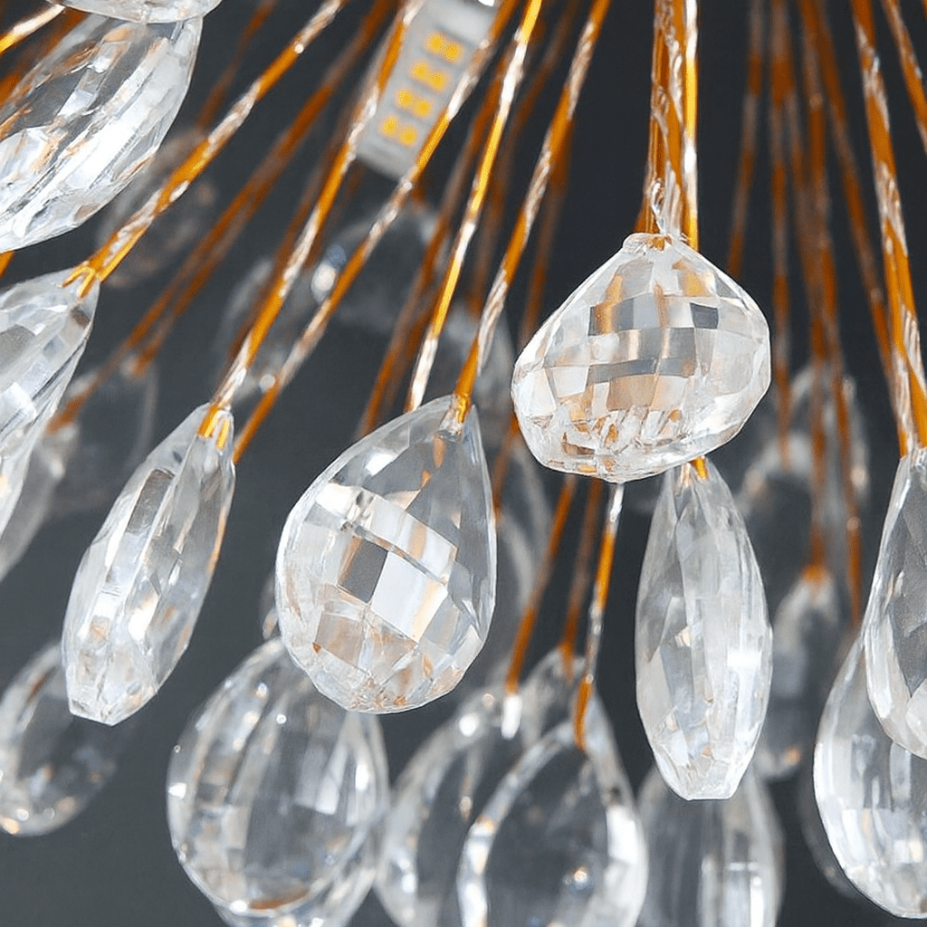 The Vanci dandelion chandelier by Morsale.com illuminated, warm E14 LED sparkle through clear crystal tips.