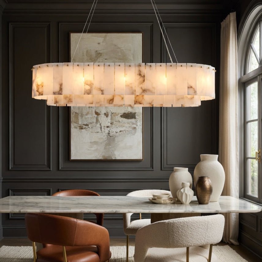 Oakley layered marble dining chandelier in natural stone and brass Main image