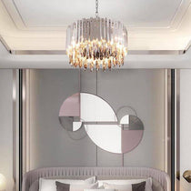 Detail of smokey tinted crystal on the Legance chandelier's polished stainless steel frame, from Morsale.com.