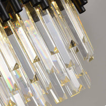 The Vigo crystal chandelier by Morsale.com illuminated over a kitchen island, warm LED through crystal.