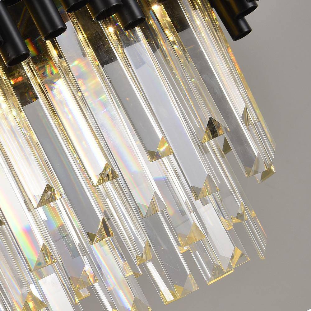 The Vigo crystal chandelier by Morsale.com illuminated over a kitchen island, warm LED through crystal.