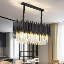 Side view of the Vigo crystal dining chandelier by Morsale.com showing the linear rectangular crystal form.