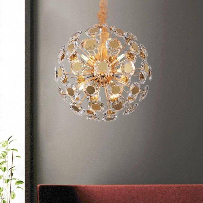 Dandelion crystal lighting fixture by Morsale.com, a 20-inch 9-light sphere with clear K9 crystal tips on a gold steel frame.