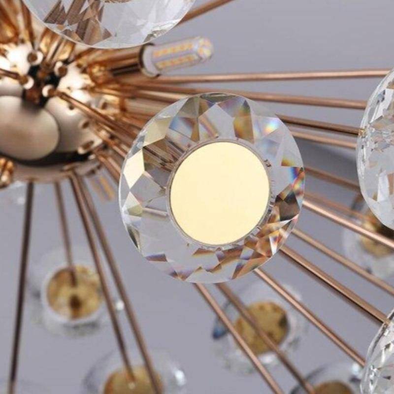 Side view of the Dandelion crystal fixture by Morsale.com showing the spherical burst of K9 crystal-tipped arms.