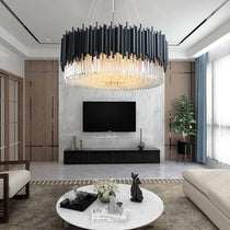 Side view of the Vigo Collection crystal chandelier by Morsale.com showing the rhythmic cylindrical crystal prisms.