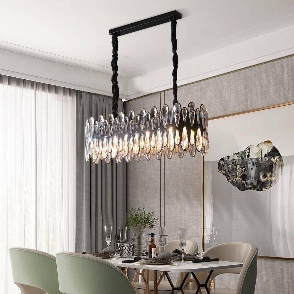 The Napoli dining chandelier by Morsale.com over a kitchen island, genuine K9 crystal on stainless steel.