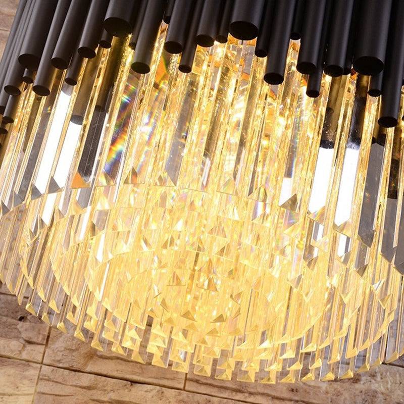 Detail of hand-cut crystal prisms on the Vigo chandelier's stainless steel frame, from Morsale.com.