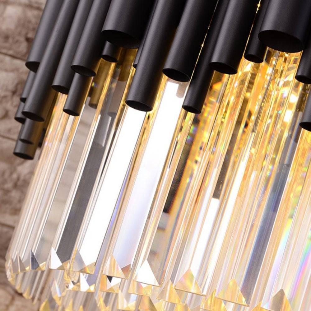 Full view of the Vigo Collection crystal prism chandelier by Morsale.com, hand-cut crystal on a stainless steel canopy.