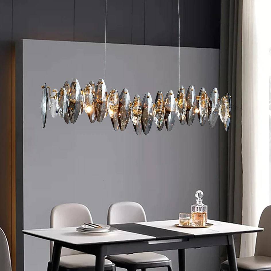 Lazzo linear crystal dining chandelier over a dining table Main image