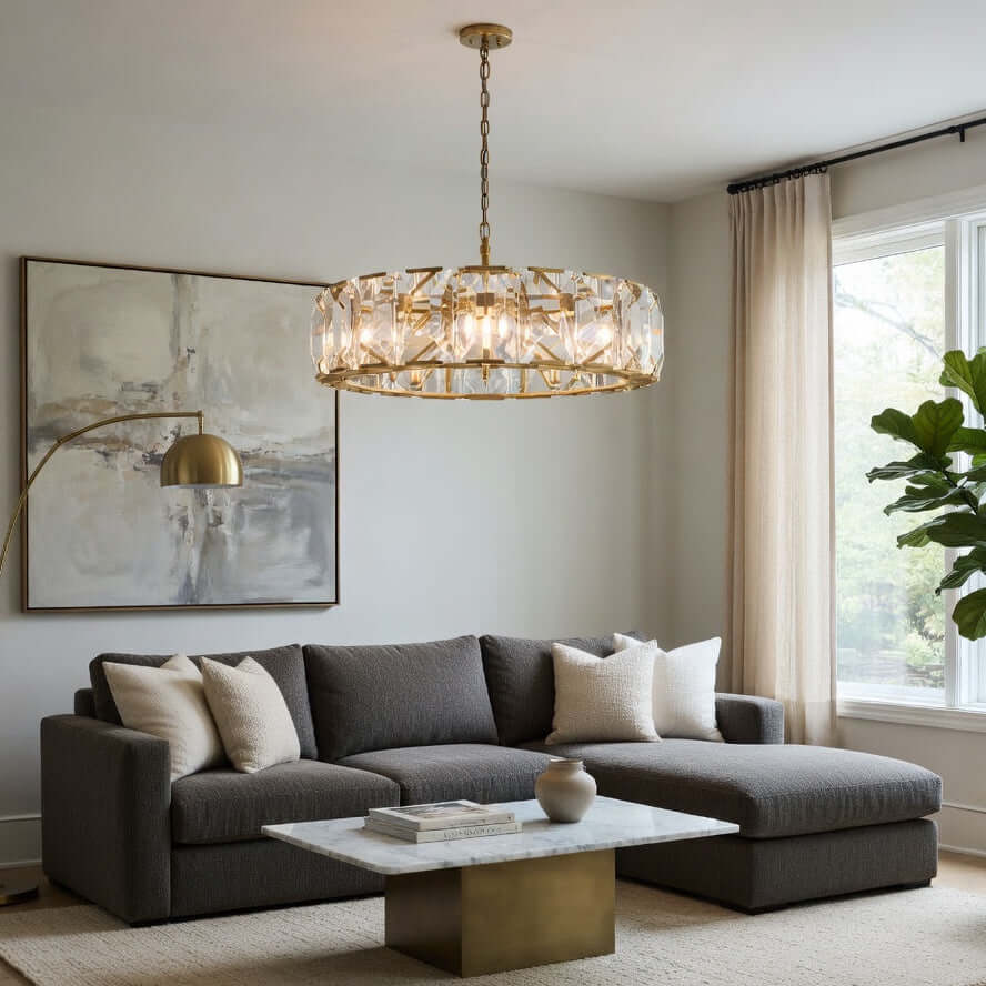 Detail of crystal prisms on the Brookhill round chandelier