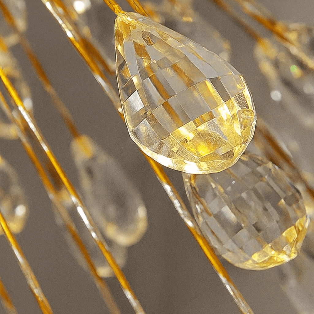 Detail of a crystal-tipped arm on the Vanci dandelion chandelier's steel and aluminum frame, from Morsale.com.