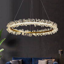 Capri crystal chandelier polished stainless steel ring close-up
