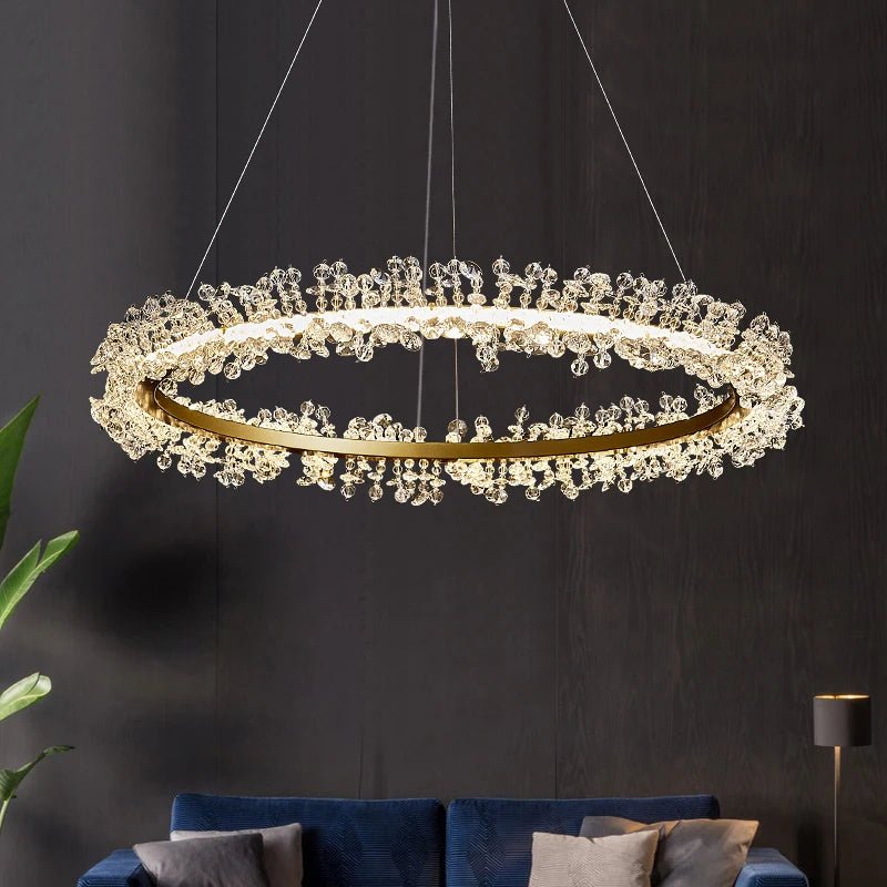 Capri crystal chandelier polished stainless steel ring close-up