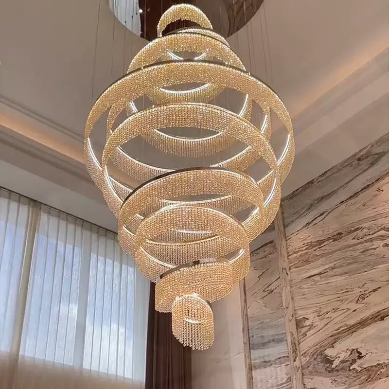 Detail of hand-set crystal strands on the Alleri chandelier