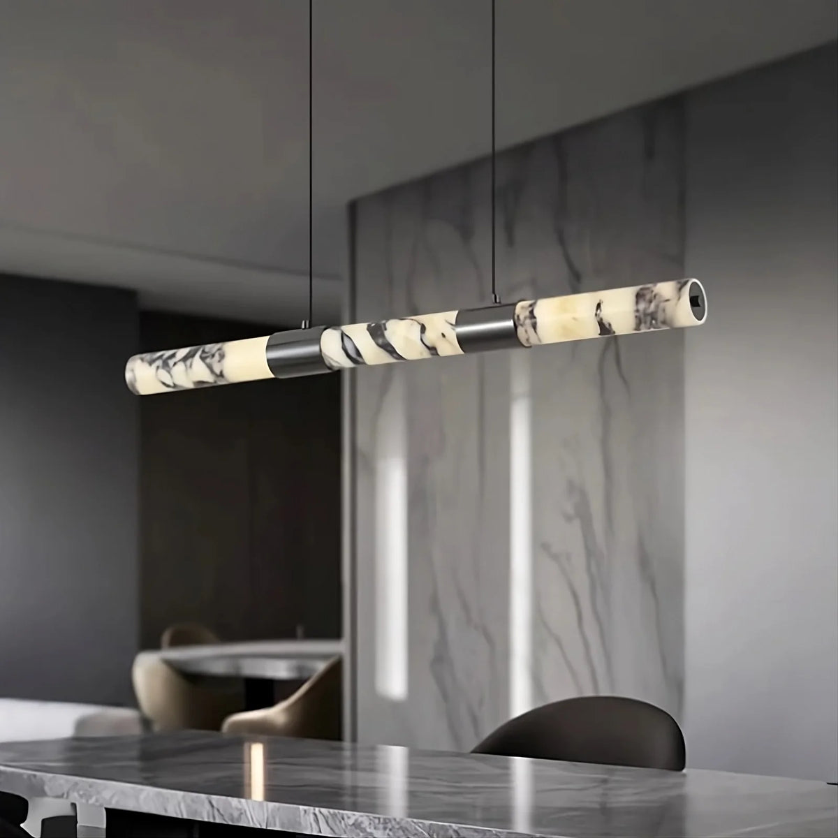 Detail of marble and brass on the Warner suspension light