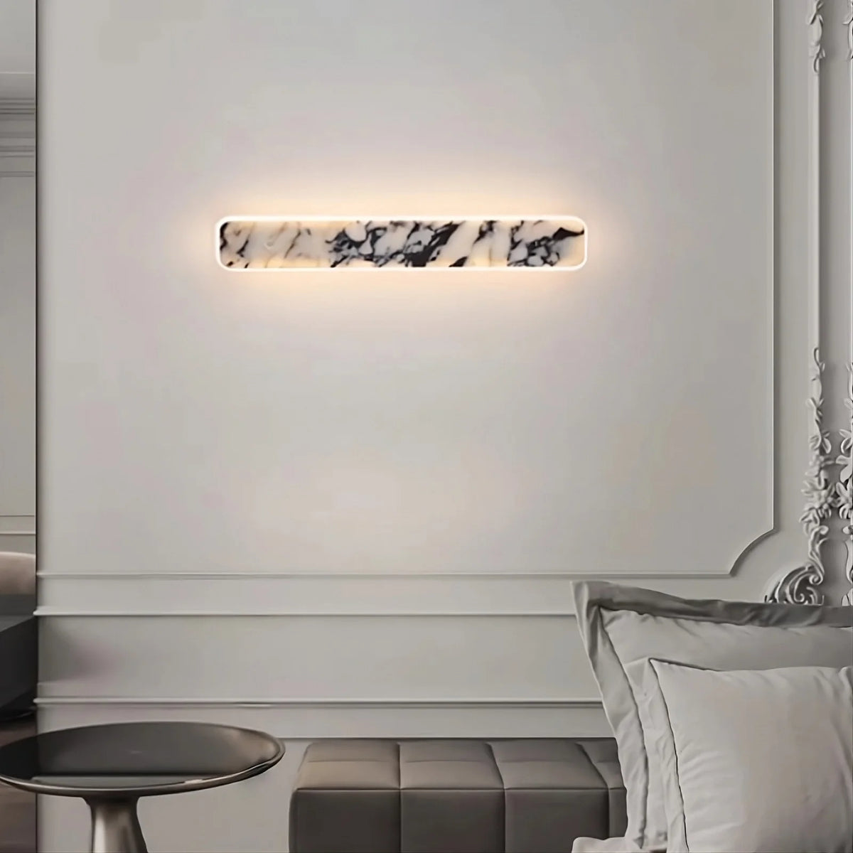 Detail of natural marble on the Warner LED sconce