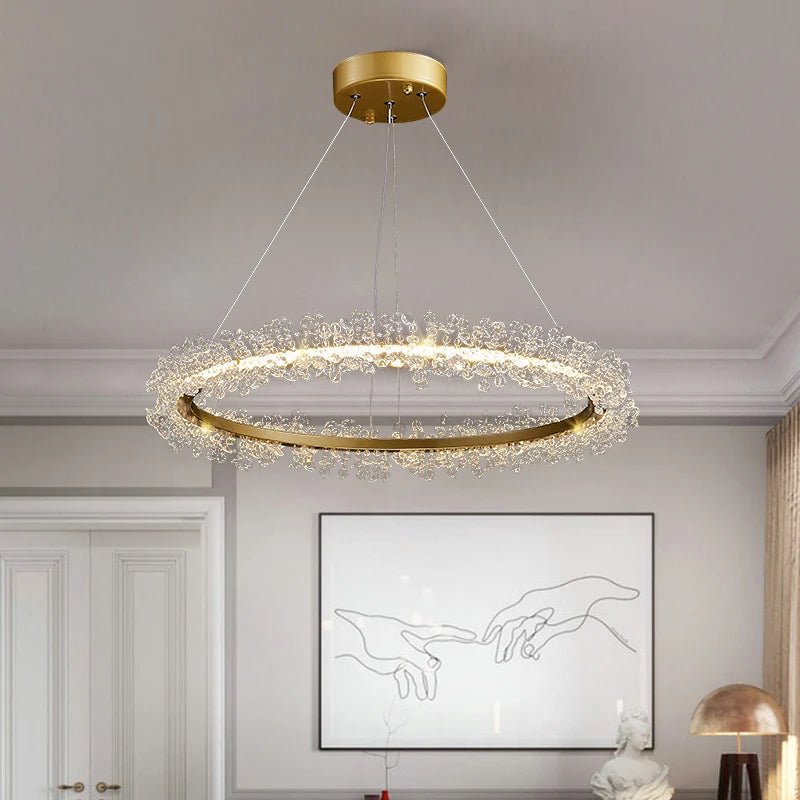 Detail of hand-cut K9 crystal prisms on the Capri ring chandelier