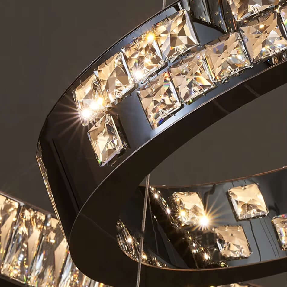 Langley six-ring crystal chandelier in a two-story foyer