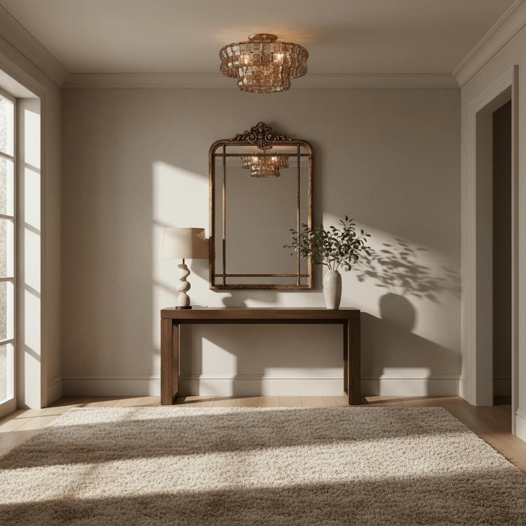Riviera smoke glass flush mount glowing warm in a bedroom