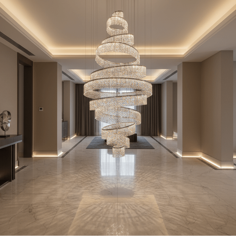 Alleri crystal staircase chandelier filling a double-height stairwell