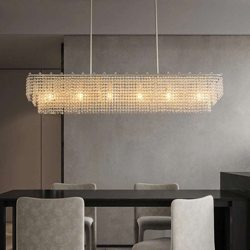 Alleri linear crystal dining chandelier over a dining table