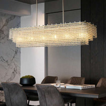 Detail of hand-set crystal on the Alleri linear dining chandelier