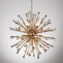 Full view of the Weston Sputnik rose gold crystal chandelier by Morsale.com, 28-inch 12-arm fixture.