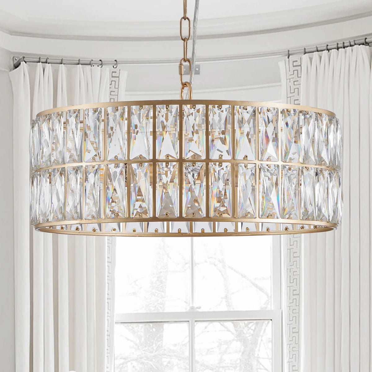Detail of crystal prisms on the Brion chandelier