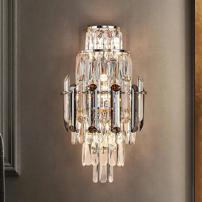 Lazzo smoke and clear crystal wall sconce in a hallway Main image
