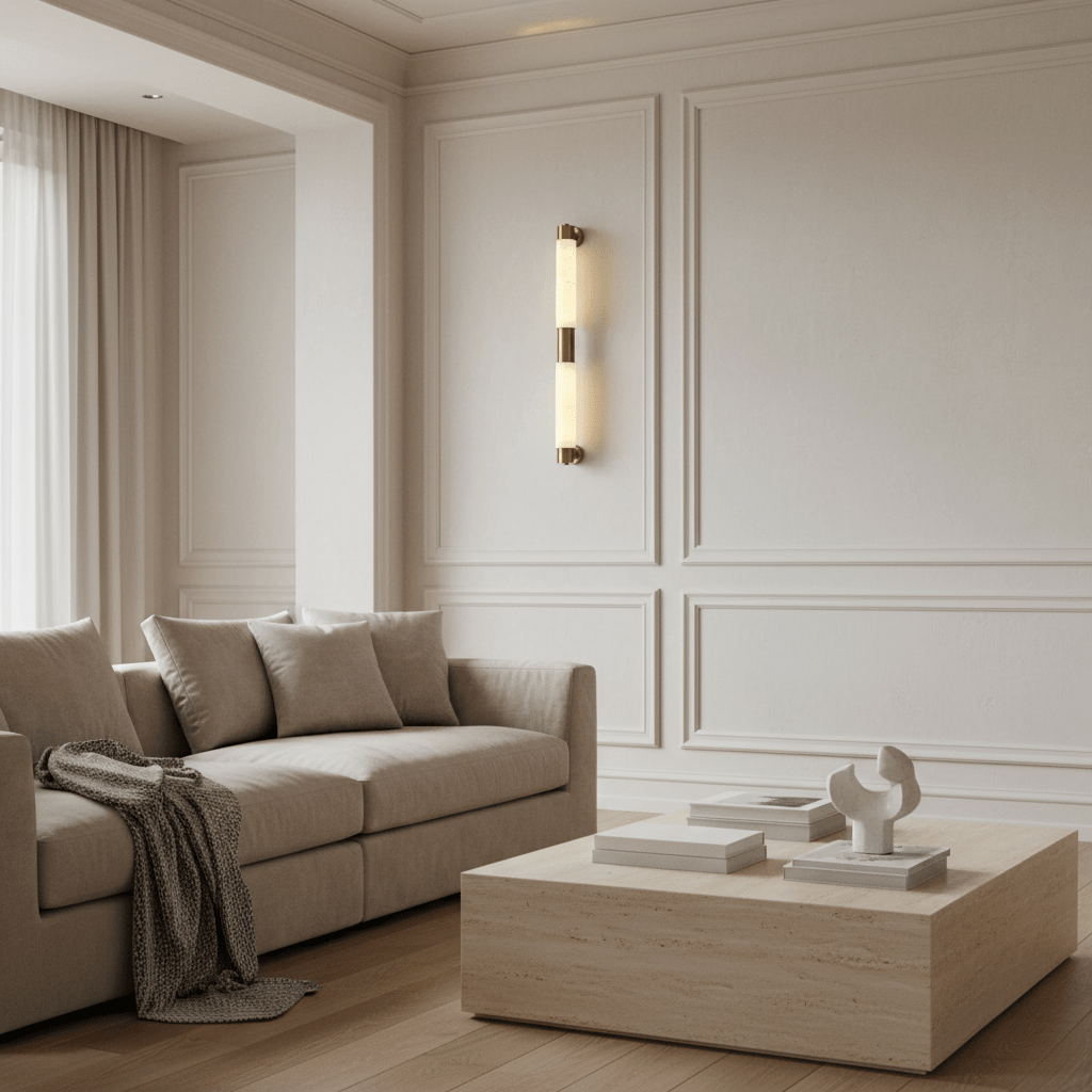 Maris marble sconce illuminated with a soft diffused glow