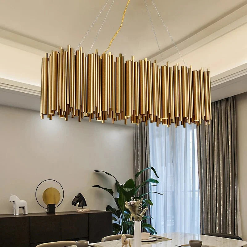 Vigo gold dining room chandelier by Morsale.com, a 40-inch rectangular stainless steel fixture with warm G9 LED rods above a dining table. Main image