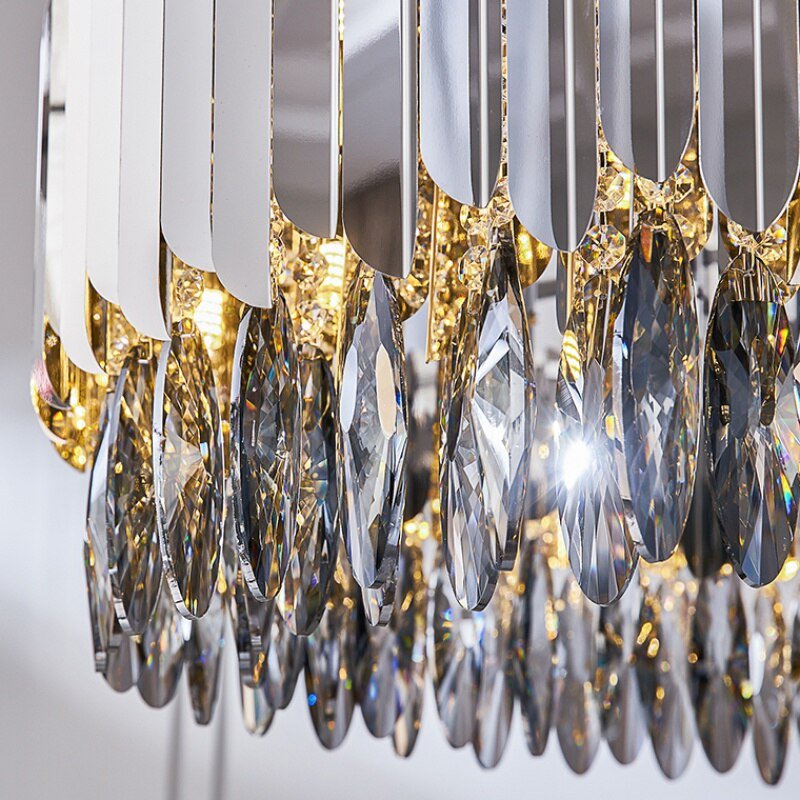 The Legance chandelier by Morsale.com in a bedroom setting, warm-toned smokey crystal fixture.