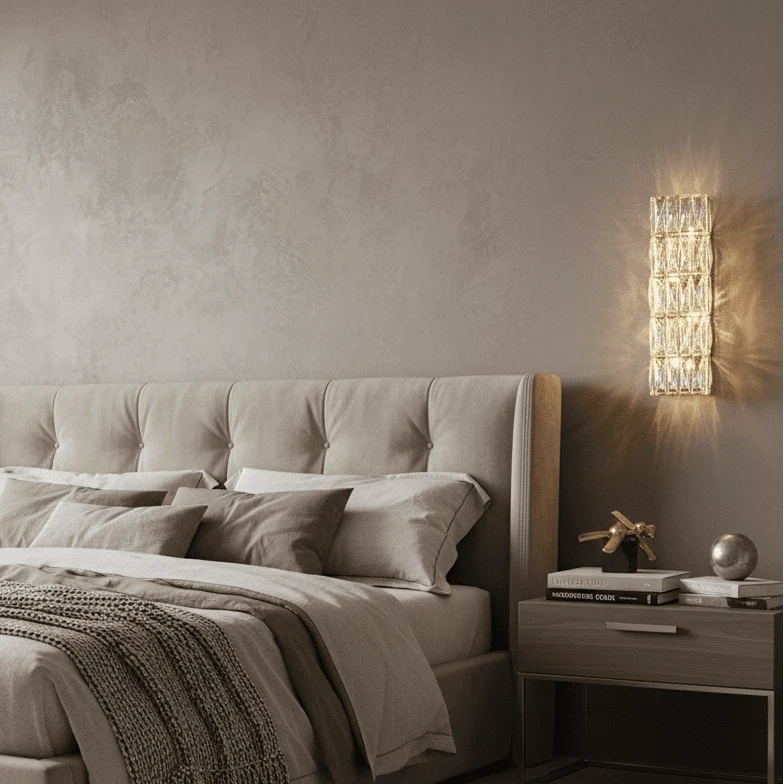 Detail of layered K9 crystal on the Bacci compact sconce