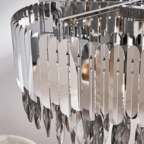 Full view of the Legance smokey crystal modern chandelier by Morsale.com, polished steel frame with tinted crystal.