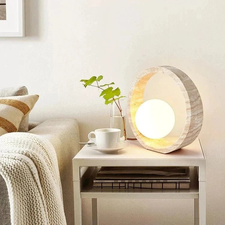 Detail of natural travertine surface on the table lamp