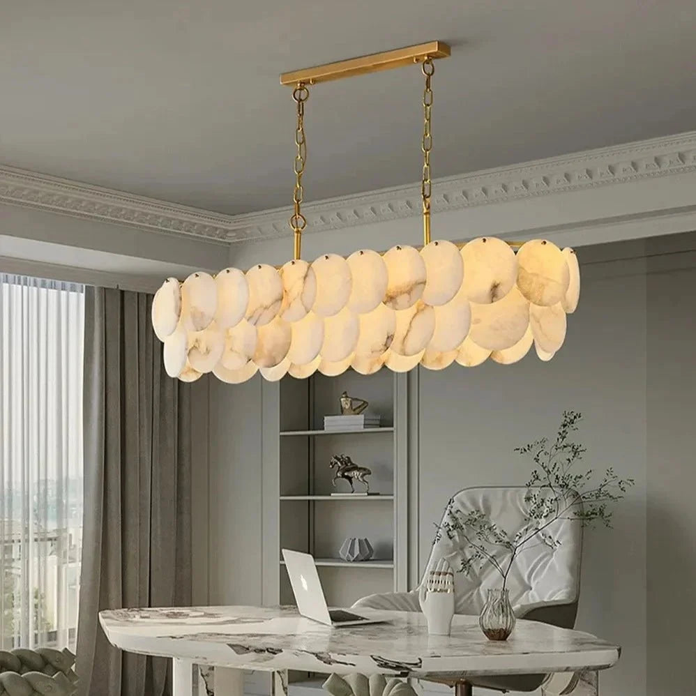 Bordwell 47-inch linear marble disc dining chandelier in copper Main image