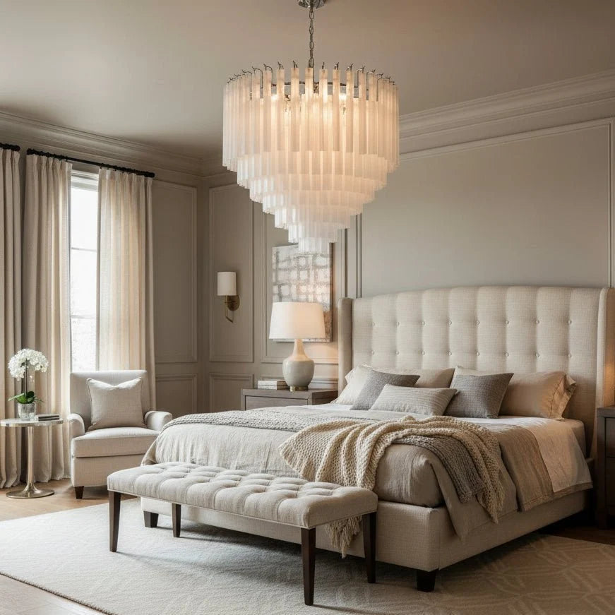 Lucienne frosted crystal chandelier on a brushed nickel frame Main image