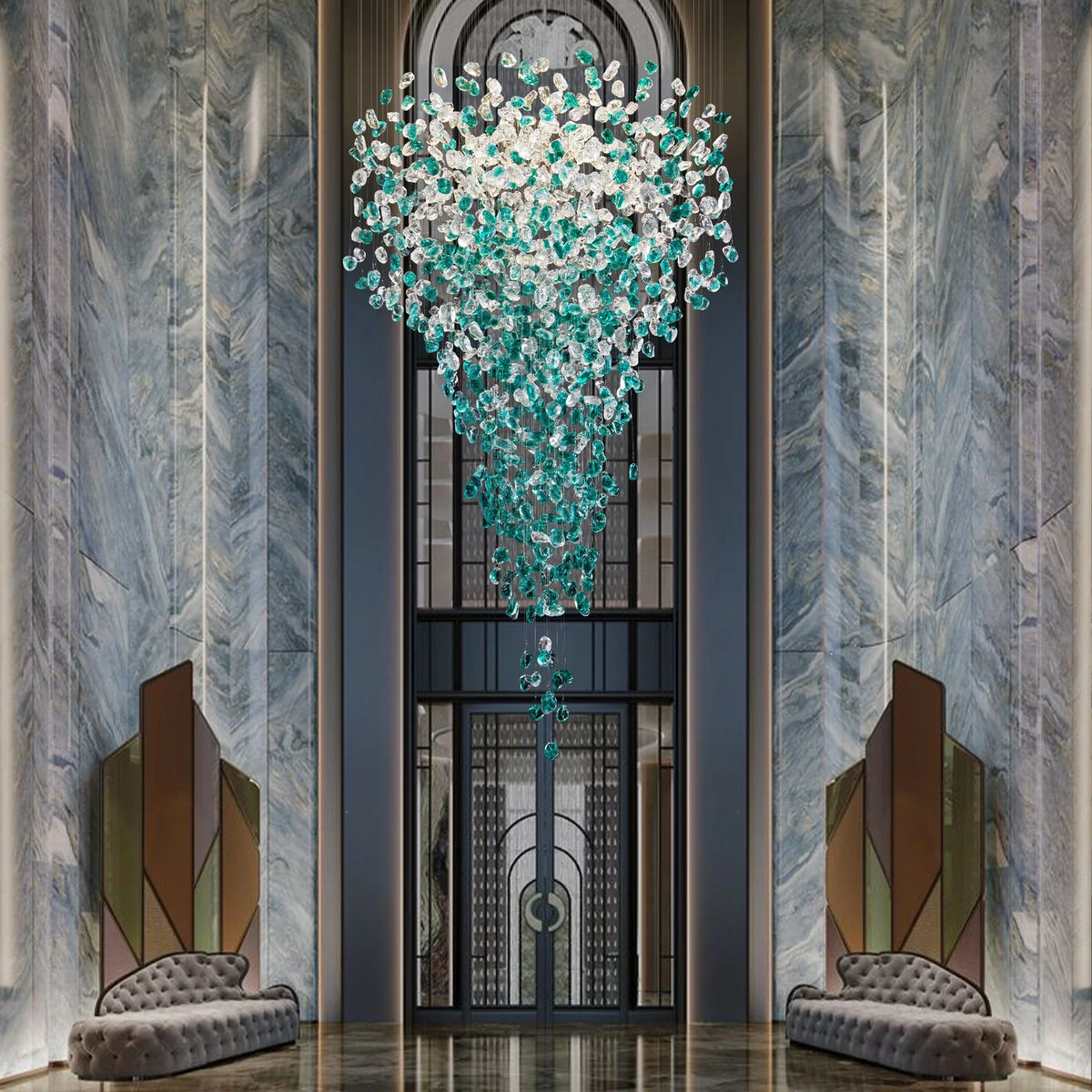 Verde crystal foyer chandelier full cascading view
