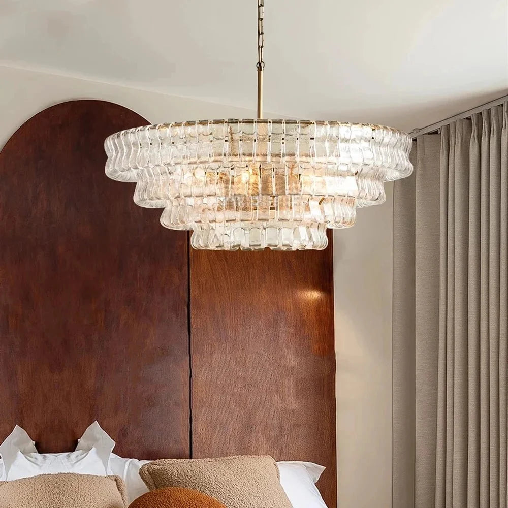 Riviera modern gold glass chandelier full view