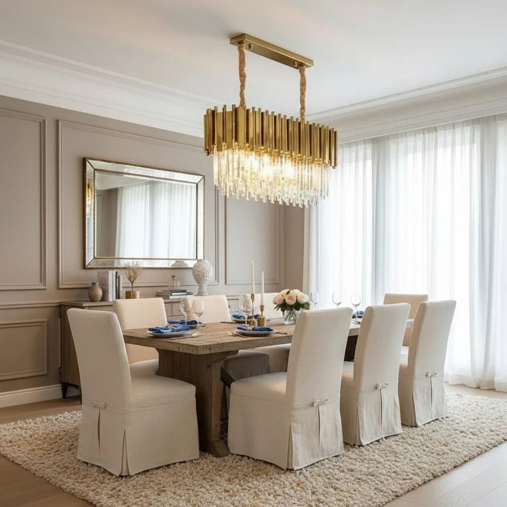 Gio chain crystal dining chandelier in gold over a dining table Main image